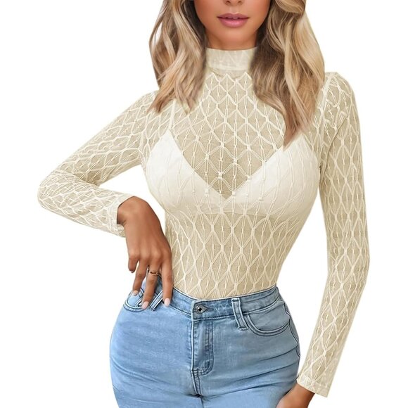 🆕 Women Cream Long Sleeve Mesh Top Lace Mock Neck See Through Fitted Sexy Out - Picture 1 of 7